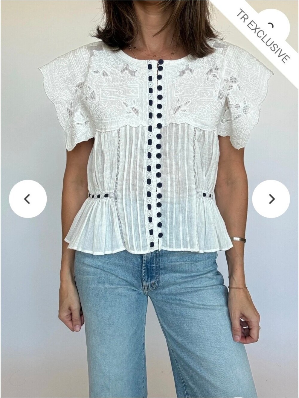 TR Exclusive White Embroidered Cotton Blouse with Navy Accents